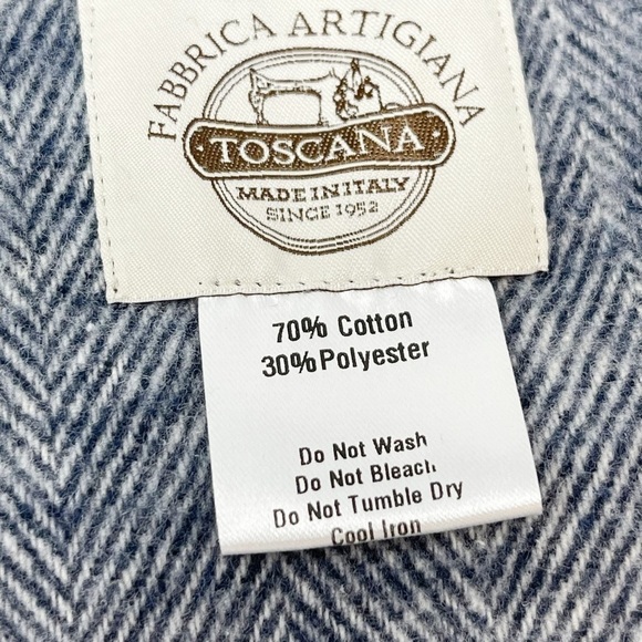 FABBRICA ARTIGIANA Blue Herringbone Navy Blue Fringed Blanket ITALY 54” X 62” - Picture 5 of 7